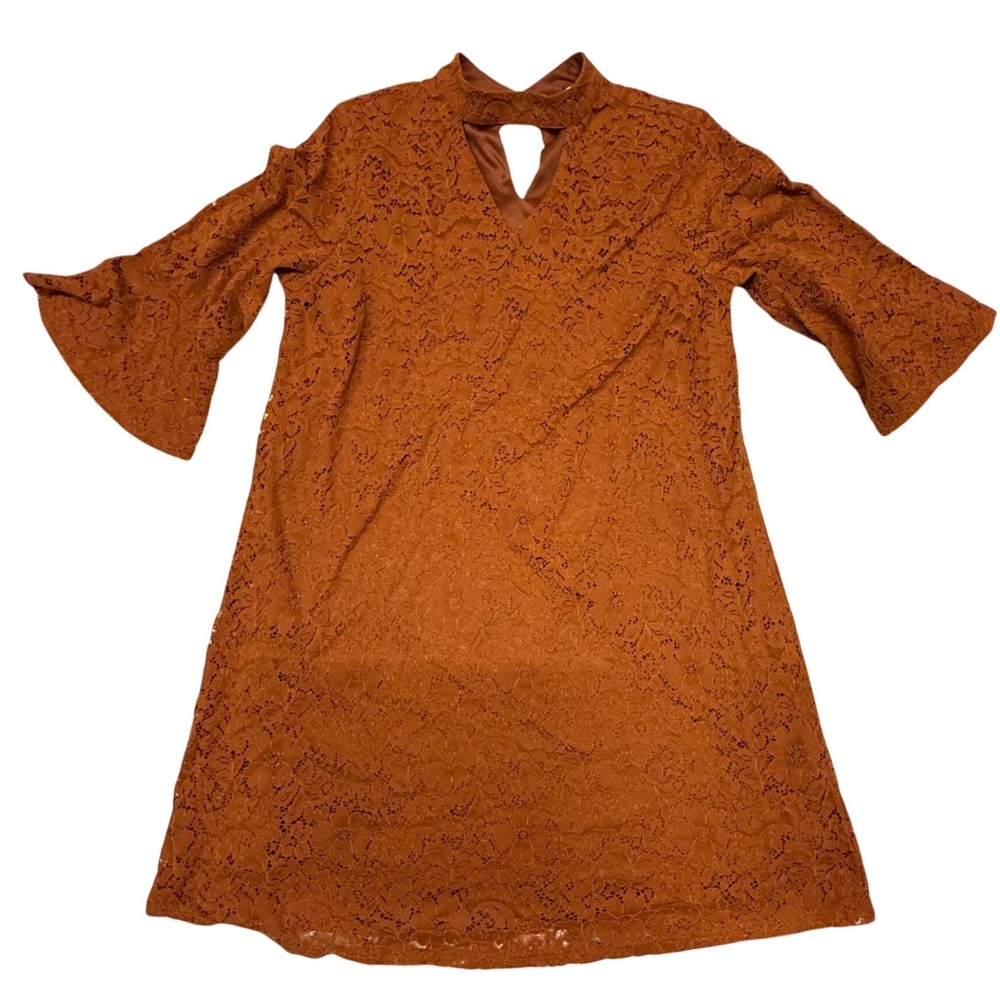 Altar'd State Lace Dress Bell Sleeve‎ Keyhole Casual Brown Size L